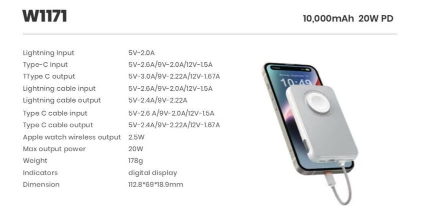 Внешний аккумулятор Power Bank VEGER PD 10000MAH (W1171) W1171 фото